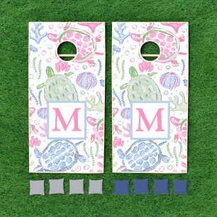Watercolor Sea Turtles Coastal Ocean Monogram Cornhole Set
