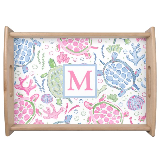 Watercolor Sea Turtles Coastal Ocean Monogram Serving Tray (Front)