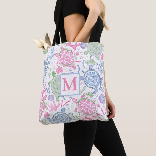 Watercolor Sea Turtles Coastal Ocean Monogram Tote Bag