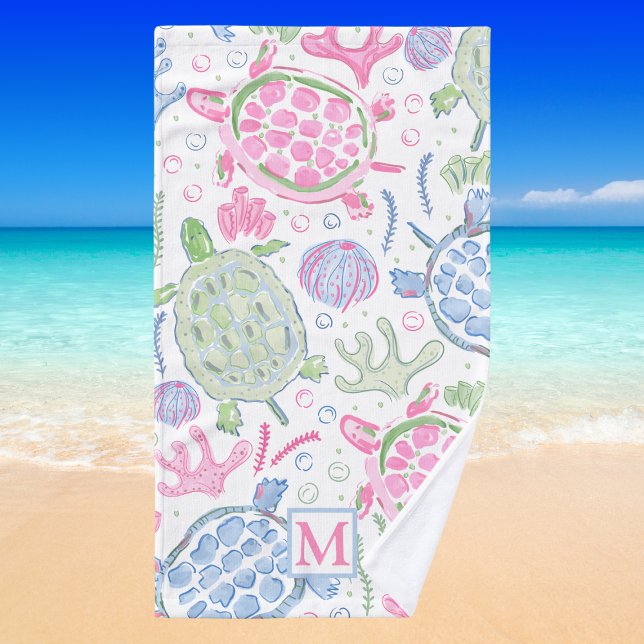 Watercolor Sea Turtles Coastal Preppy Monogram  Hand Towel (Creator Uploaded)