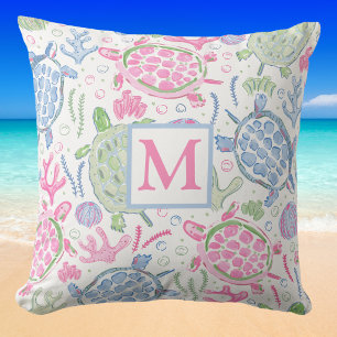 Watercolor Sea Turtles  Monogram / Coastal Ocean Throw Pillow