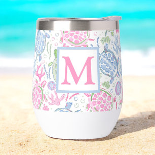 Watercolor Sea Turtles Monogram Thermal Wine Tumbler