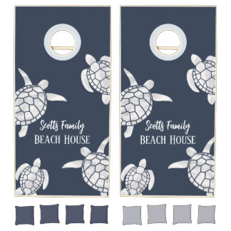 Watercolor Sea Turtles Navy Blue Personalized Cornhole Set