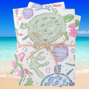 Watercolor Sea Turtles Ocean Coastal Wrapping Paper Sheets