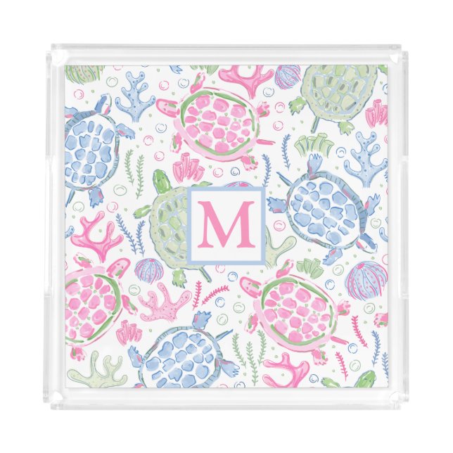Watercolor Sea Turtles Ocean Monogram Acrylic Tray (Front)