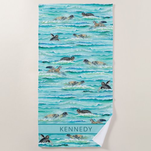 Watercolor Sea Turtles Ocean Swim Beach Towel