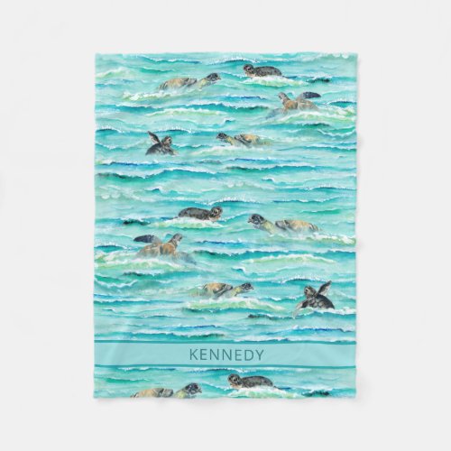 Watercolor Sea Turtles Ocean Turquoise Personalize Fleece Blanket