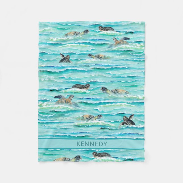 Watercolor Sea Turtles Ocean Turquoise Personalize Fleece Blanket (Front)