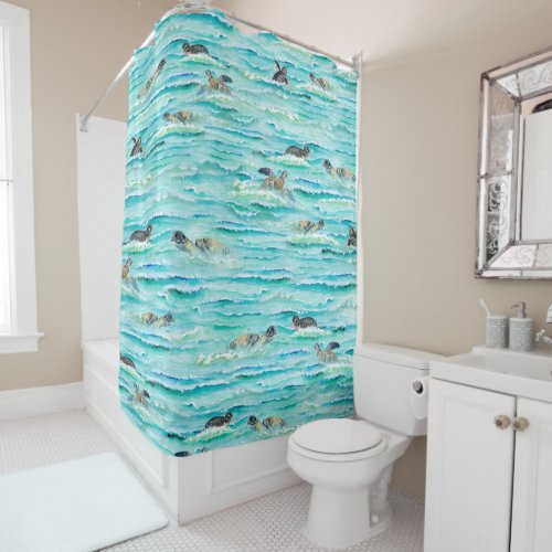 Watercolor Sea Turtles Swimming Turquoise Ocean Shower Curtain