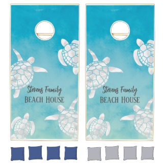Watercolor Sea Turtles Teal Blue Personalized Cornhole Set