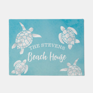 Watercolor Sea Turtles Teal Blue Personalized Doormat