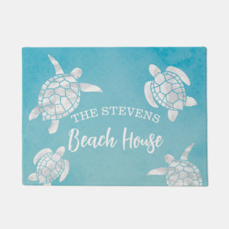 Watercolor Sea Turtles Teal Blue Personalized Doormat