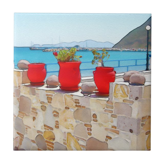 Watercolor sea view ceramic tile (Front)