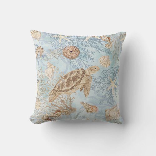 Watercolor Sea Whispers Turtle Seahorse Starfish Throw Pillow