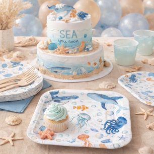 watercolor Sea You Soon Coastal Baby Shower Paper Plates