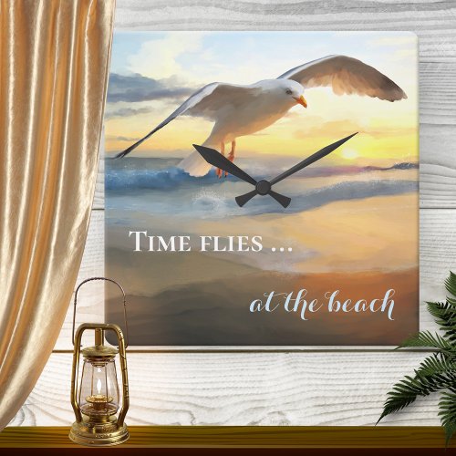 Watercolor Seagull Beach Sunset Wall Clock