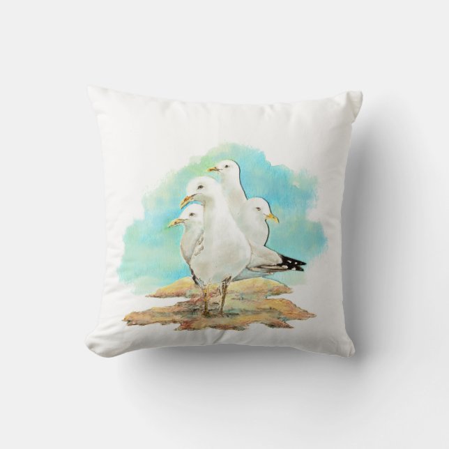 Watercolor Seagull Family Birds Throw Pillow (Front)