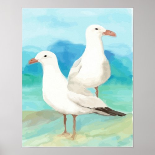 Watercolor Seagulls at the Beach Bird Nature Art Poster