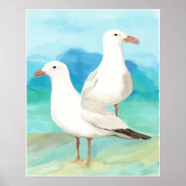 Watercolor Seagulls at the Beach Bird Nature Art Poster | Zazzle