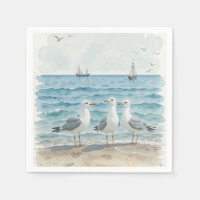 Watercolor Seagulls at the Beach Coastal Ocean