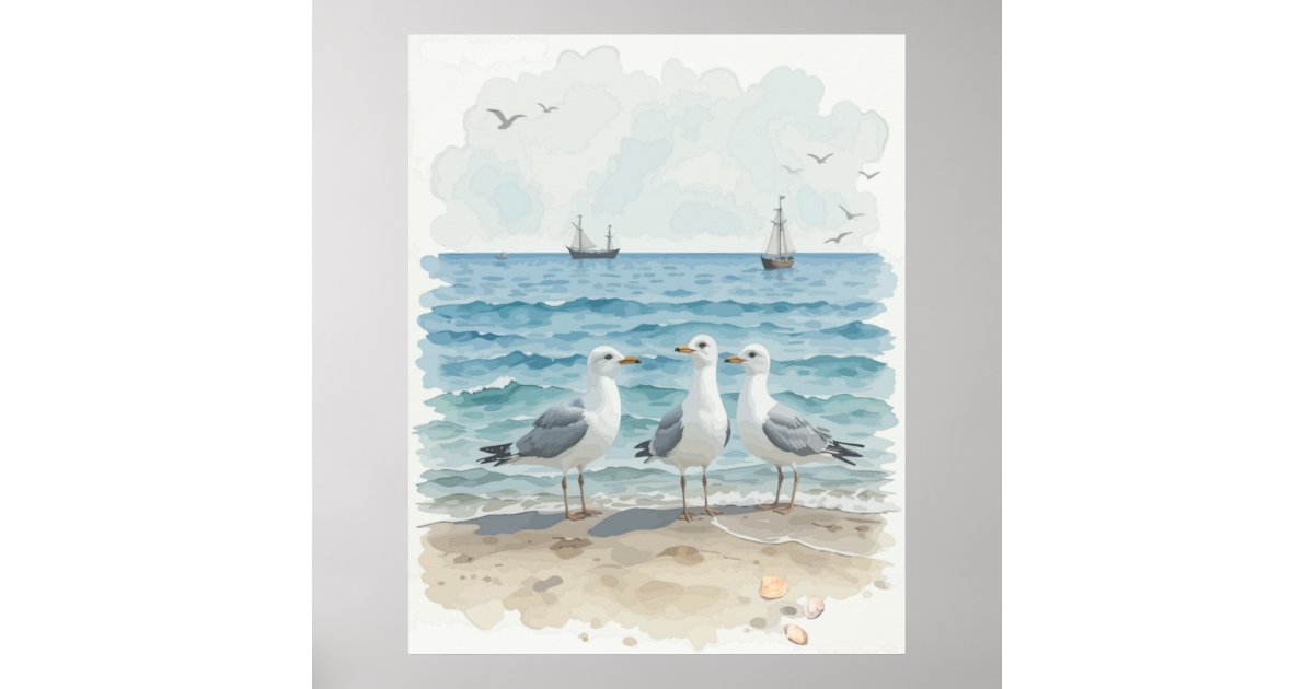 Watercolor Seagulls at the Beach Coastal Ocean Poster | Zazzle