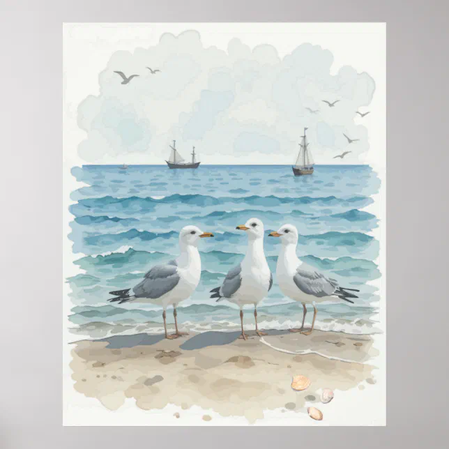 Watercolor Seagulls at the Beach Coastal Ocean Poster | Zazzle