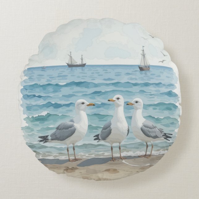  Watercolor Seagulls at the Beach Coastal Ocean Round Pillow (Front)