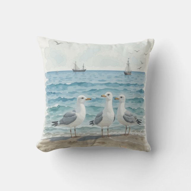  Watercolor Seagulls at the Beach Coastal Ocean Throw Pillow (Front)