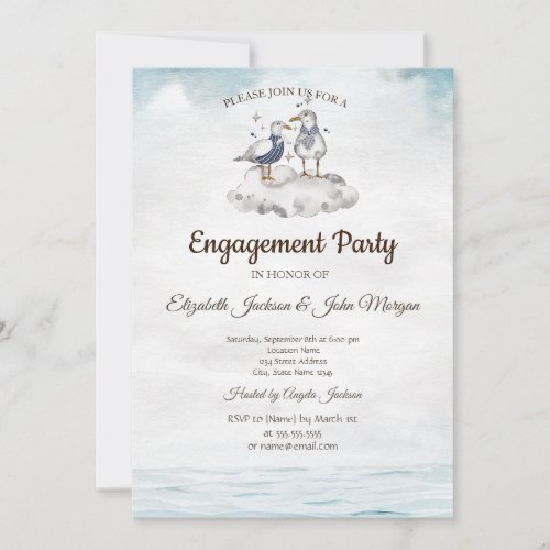 Watercolor Seagulls Beach Engagement Invitation
