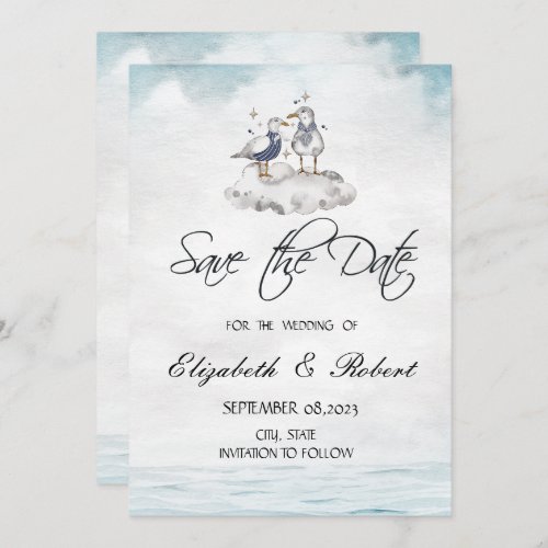 Watercolor Seagulls Beach Save The Date