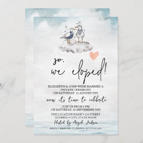 Watercolor Seagulls Beach Wedding Elopement   Invitation