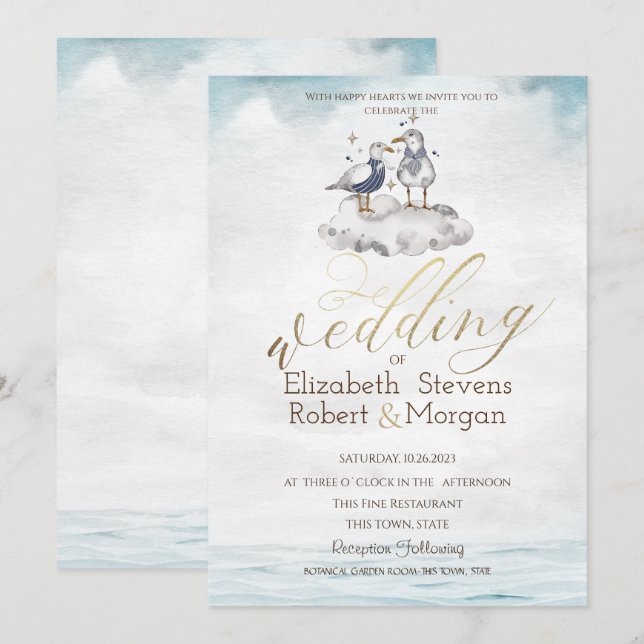 Watercolor Seagulls Beach Wedding Invitation (Front/Back)