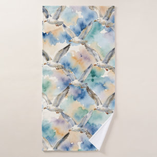 Watercolor Seagulls Seamless Pattern Coastal Home  Bath Towel