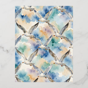 Watercolor Seagulls Seamless Pattern Coastal Home Foil Holiday Postcard