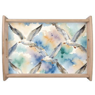 Watercolor Seagulls Seamless Pattern Coastal Home Serving Tray