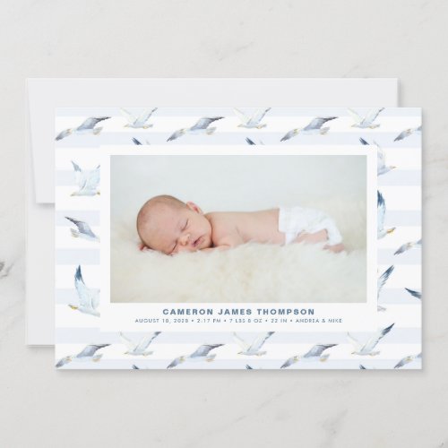 Watercolor Seagulls Stripes Pattern Photo Birth Announcement