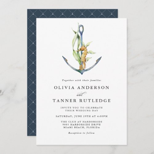 Watercolor Seahorse and Anchor Nautical Wedding Invitation