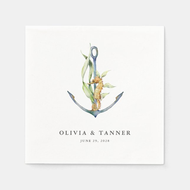 Watercolor Seahorse and Anchor Nautical Wedding Napkins (Front)