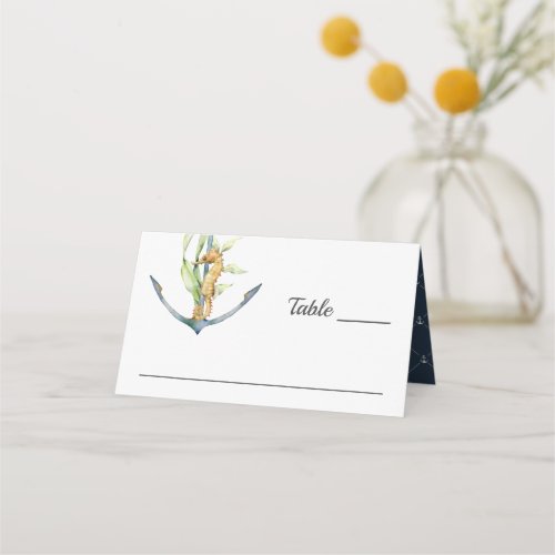 Watercolor Seahorse and Anchor Nautical Wedding Place Card