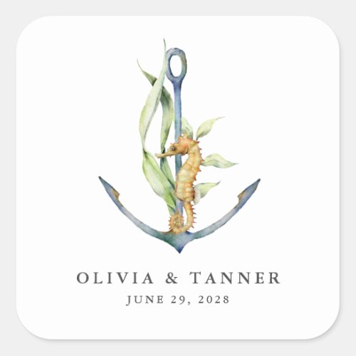 Watercolor Seahorse and Anchor Nautical Wedding Square Sticker