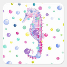 Watercolor Seahorse and Colorful Bubbles