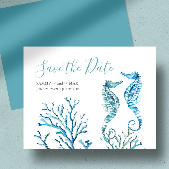 Watercolor Seahorse and Coral Save the Date (Beach wedding save the date watercolor seahorses and coral art in blue by Victoria Grigaliunas)