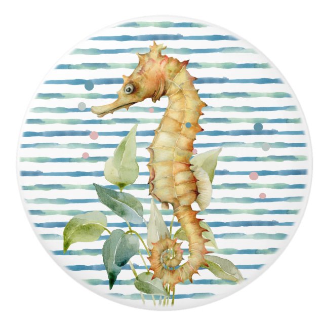 WATERCOLOR SEAHORSE, BEACH, COASTAL  CERAMIC KNOB (Front)