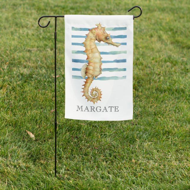 Watercolor Seahorse Beach Coastal MARGATE Garden Flag (In SItu)