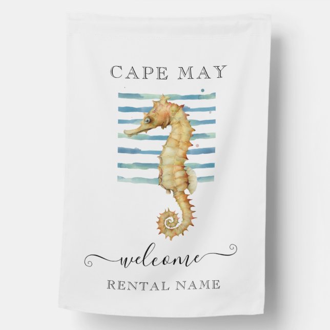 WATERCOLOR SEAHORSE, BEACH TOWN, VACATION RENTAL HOUSE FLAG (Front)