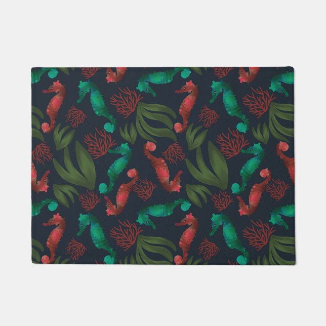 Watercolor Seahorse Blue Nautical Pattern Doormat (Front)