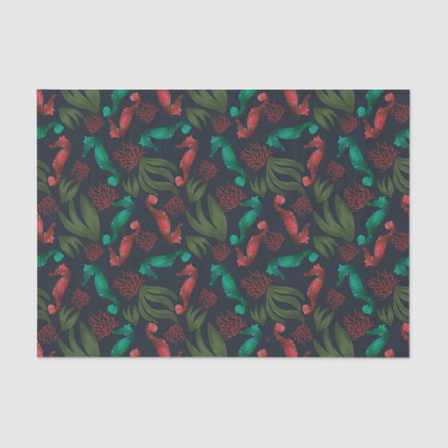 Watercolor Seahorse Blue Nautical Pattern Tissue Paper (Front)