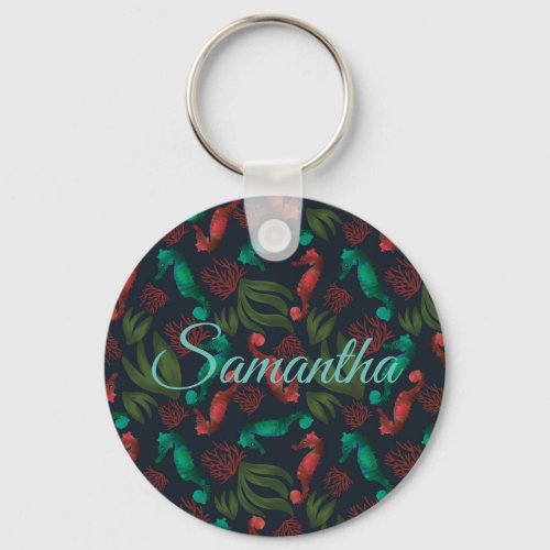 Watercolor Seahorse Blue Nautical Personalized Keychain