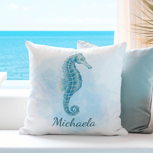 Watercolor Seahorse Coastal Ocean Name Throw Pillow