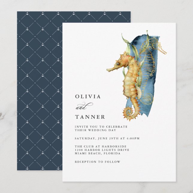 Watercolor Seahorse Coastal Theme Wedding Invitation (Front/Back)